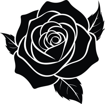 Elegant Black Rose Illustration with Detailed Petals and Leaves on White Background