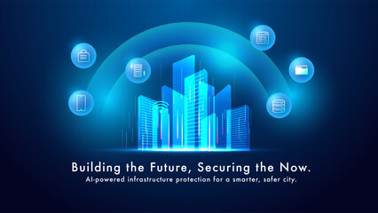 Smart City Digital Infrastructure with AI-Powered Protection Icons