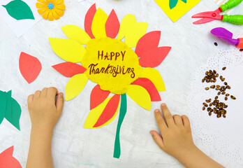 DIY home made Sunflower from paper, plasticine with natural watermelon seeds. reuse that what you have. Happy thanksgiving. Hand drawn, paint brush lettering.