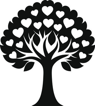 Tree with Heart Shaped Leaves Symbolizing Love Family and Growth in Black and White