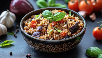 Bowl of rice with eggplant, tomatoes, and herbs