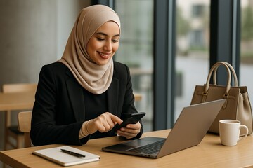 Muslim woman making online payment on smartphone in a modern cafe