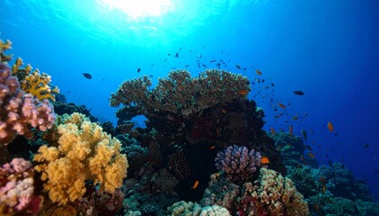 Obraz premium Vibrant coral reef teeming with colorful fish under clear blue ocean water, showcasing marine biodiversity.