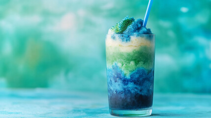 blue green white cocktail with ice on blue green baground