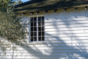 Close-up of a traditional white weatherboard wall of a residential house with a colonial-style window and shaded by an olive tree. A quiet and nostalgic suburban atmosphere in an old Australian home.