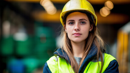 An industrial engineer in a safety helmet, portrayed in a factory setting with a soft background.