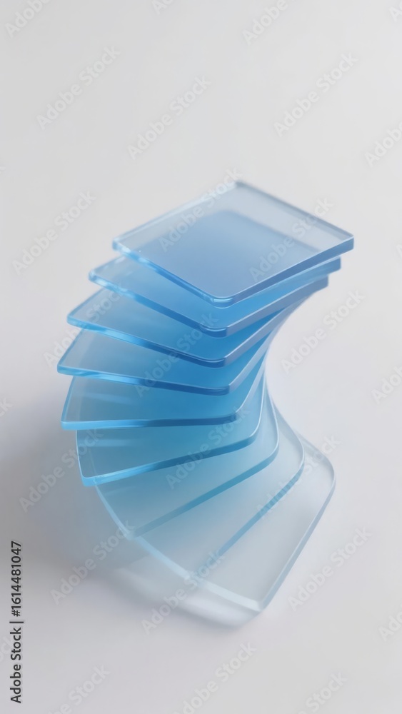Poster stack of transparent blue rectangular sheets forming a wavy structure