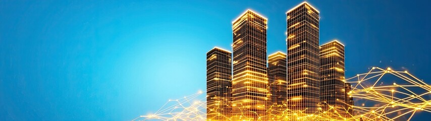 Naklejka premium Modern City Skyline with Glowing Buildings and Blue Sky, Economic Growth Global Trade Innovation Leadership