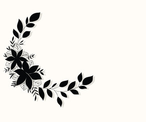 Elegant floral corner design with black flowers and leaves on light background