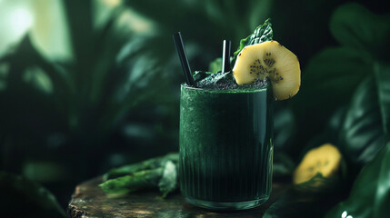 pear and kiwi fruit juice on green baground