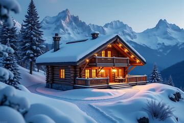 Naklejka premium Picturesque Winter Cabin Scene in a Snowy Mountain Setting with Warm Interior Lights and a Serene Outdoor Ambiance