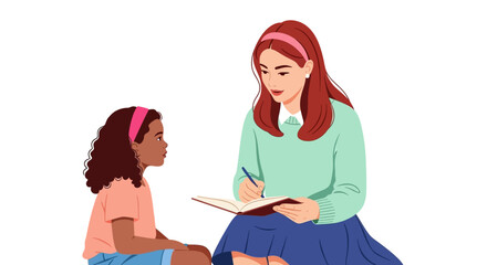 Woman Tutoring Young Girl Writing in Notebook.