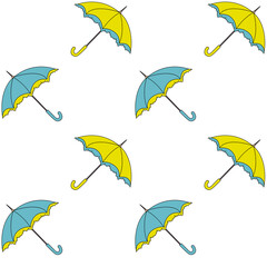 Seamless pattern with yellow and blue lace umbrellas on a white background, stylish decorative design inspired by Ukrainian national colors.