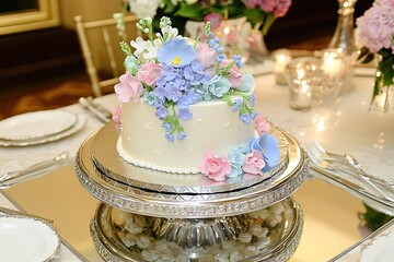 Fototapeta premium Elegant, single-tiered wedding cake adorned with pastel-colored sugar flowers, resting on a silver cake stand amidst a candlelit table setting