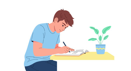 Young Man Writing in Notebook at Desk.