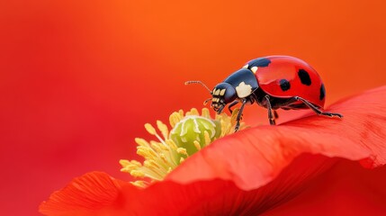 Obraz premium Close-up macro shot of a vibrant 7-spot ladybird delicately resting on the bright red petal of an Oriental poppy flower, showcasing detailed textures and colors
