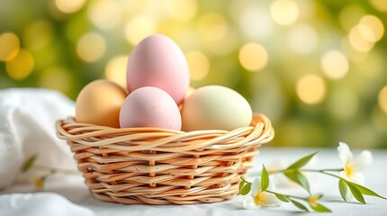 Basket with easter eggs and flowers on bokeh defocused background