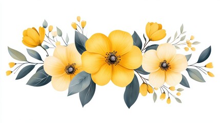Fototapeta premium Cute vintage icon illustration with yellow floral elements, detailed watercolor style, isolated on an off-white ivory background, perfect for classic and warm designs