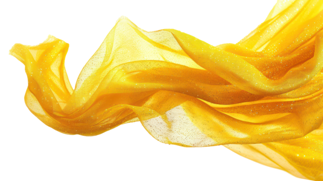 Golden yellow fabric with glittery texture, flowing in the air against a transparent background