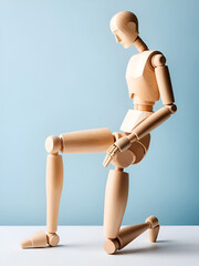 Wooden mannequin demanstruates pain in knee, joint with space for text. Layout.