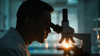 Scientist observing specimen under microscope in lab - Powered by Adobe