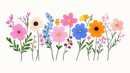 Flat pastel floral icons in retro layout, each flower distinct, arranged in a row, outlined with vintage-inspired simplicity