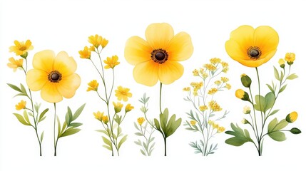 Flat pastel yellow flowers in watercolor style, minimalist floral arrangement in a row, clean vector look on ivory