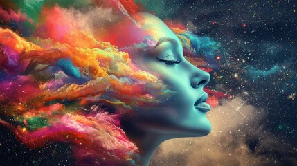 A surreal, colorful portrait of a woman with a galaxy-like background, featuring vibrant clouds and stars.