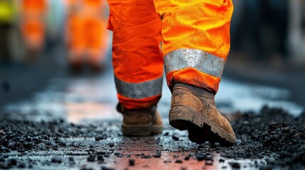 A construction worker in orange safety gear walking on a muddy road with reflective stripes.