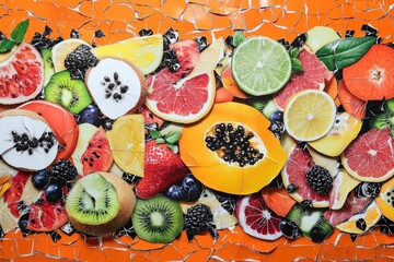Vibrant collage of various sliced fruits?grapefruit, kiwi, papaya, lemon, lime, berries, and watermelon?arranged on a cracked orange background, creating a textured, high-contrast composition
