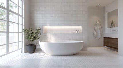 Fototapeta premium A minimalist bathroom with a white bathtub, white tiles, and a large window.