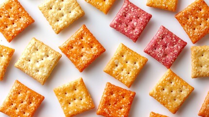 A colorful assortment of square-shaped crackers with sesame seeds on a white background.