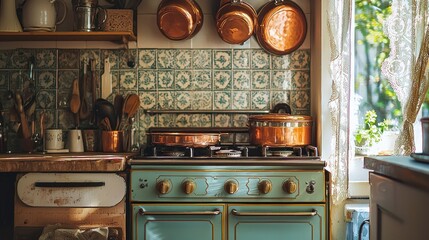 Vintage kitchen with copper cookware and antique stove