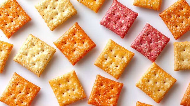 A colorful assortment of square-shaped crackers with sesame seeds on a white background.