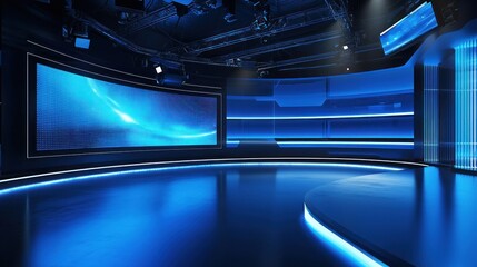 A modern, sleek television studio with blue lighting and curved screens.