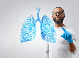 Black man wearing blue gloves and glasses is pointing to the translucent illustration of lungs