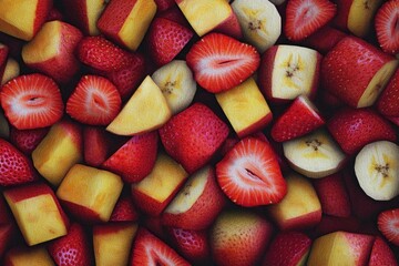 A vibrant close-up shot of a mixture of sliced strawberries and bananas, creating a colorful and textured pattern. The fruit pieces are various sizes and shapes, densely packed together.  