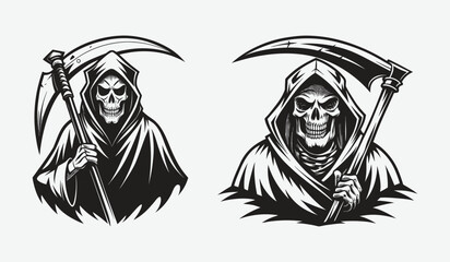 Two grim reaper figures with scythes depicted as a dark silhouette isolated on white background
