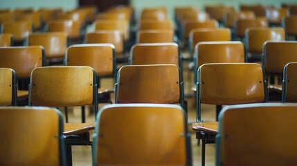 Empty classroom with rows of wooden chairs in a row.