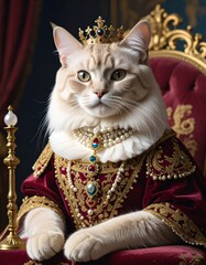 Cat in a baroque-style royal outfit with pearls and mini scepter