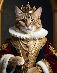 Cat in a baroque-style royal outfit with pearls and mini scepter