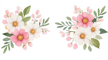 Fototapeta premium Watercolor floral corner clipart with vintage botanical line art, pink and creamy daisies in 3 hand-painted arrangements, romantic style, isolated on white.
