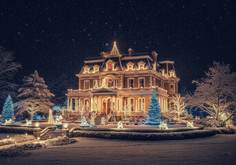 Grand Mansion Decorated for Christmas in Snow