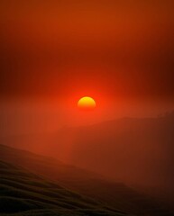 Obraz premium Volumetric lighting illuminates a sunset over terraced tea plantations, light beams piercing through dust or fog, warm reds, oranges, and yellows dominating the scene.