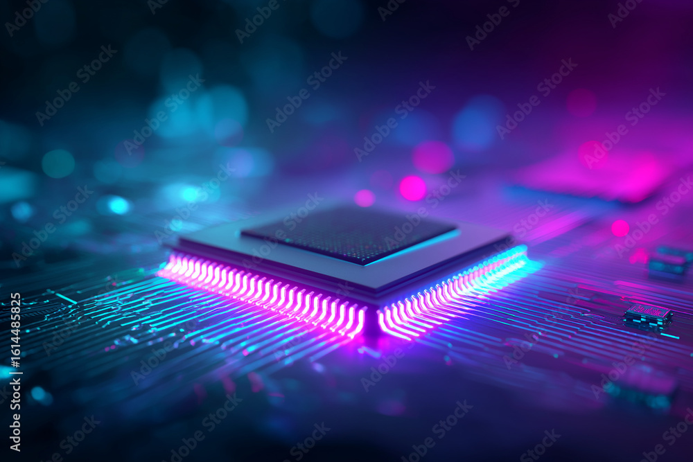 Poster glowing computer processor illuminated with futuristic neon colors