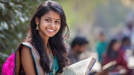 A young Indian woman smiling, holding a book, with a green and pink sari and a bindi on her forehead, standing in a park with other students in the background.