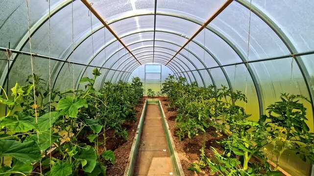 Rows of vegetables growing inside plastic greenhouse tunnel with soil beds and supports