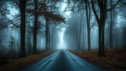 Obraz premium A misty, somber forest road. Tall trees line a wet asphalt road, shrouded in a thick fog