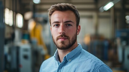 A young man in a blue shirt stands in a factory setting, looking directly at the camera with a serious expression.