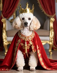 Dog (poodle or bulldog) wearing a royal red robe and crown with gold embroidery